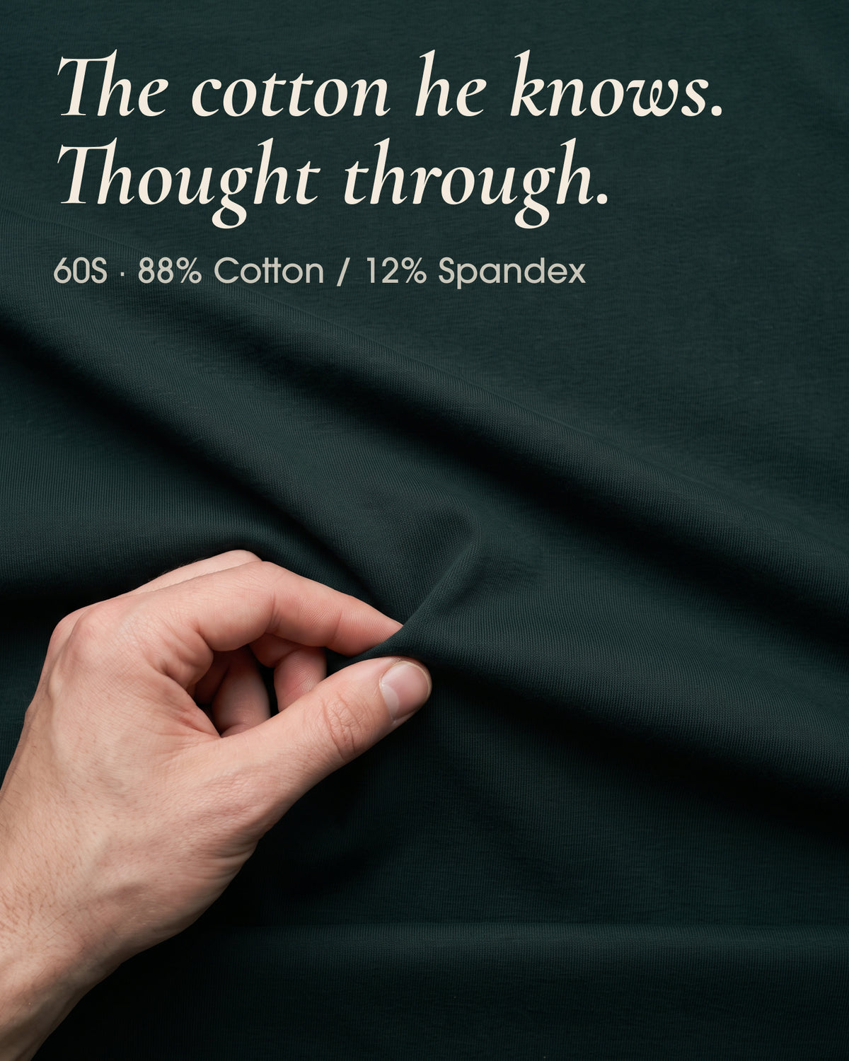 Hand holding dark green fabric for underherwear cotton boxer briefs; the graphic lists 60S, 88% cotton and 12% spandex.