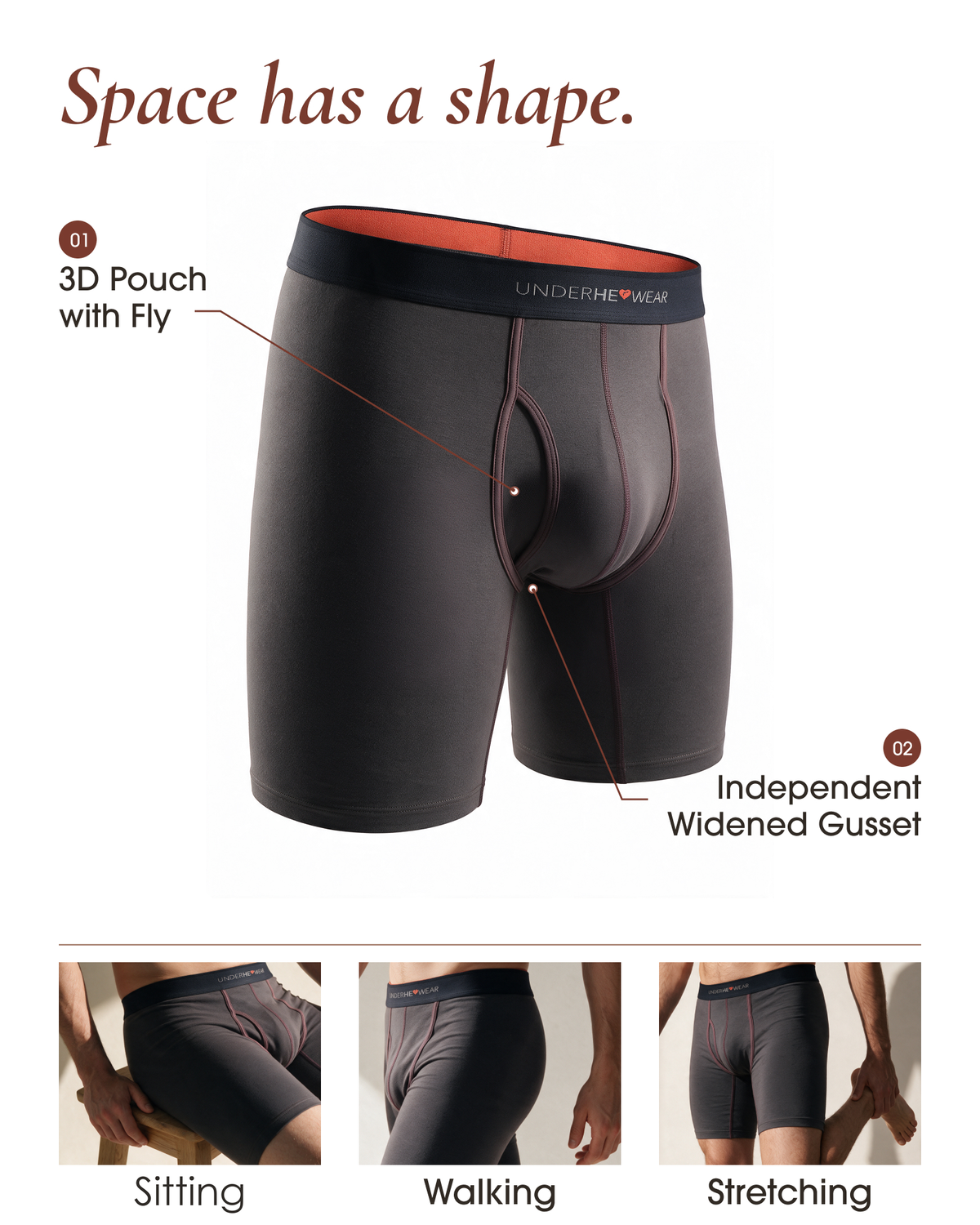 underherwear cotton boxer brief diagram showing a 3D pouch with fly and widened gusset, with three views of the fit.