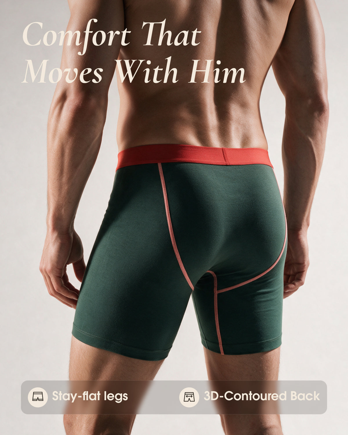 Rear view of green underherwear cotton boxer briefs showing the contoured back, contrast seams and flat leg hems.