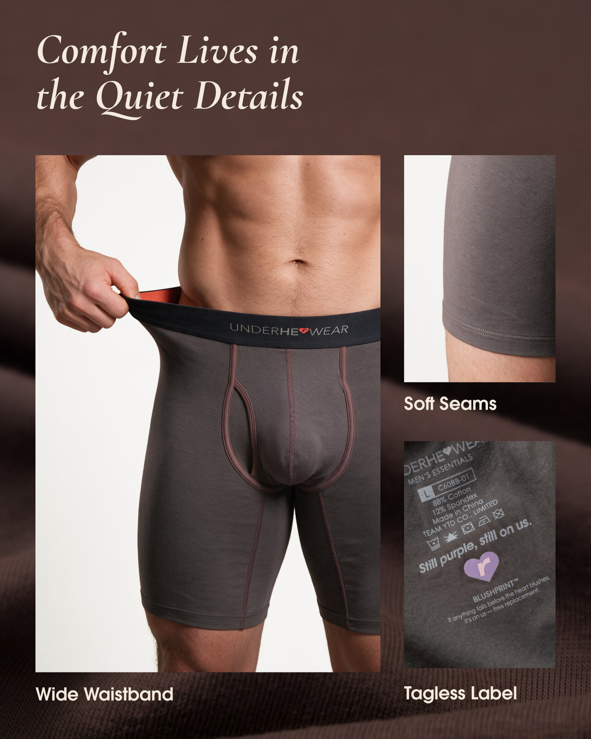 underherwear cotton boxer brief details showing a wide waistband, leg seam and printed tagless care label.