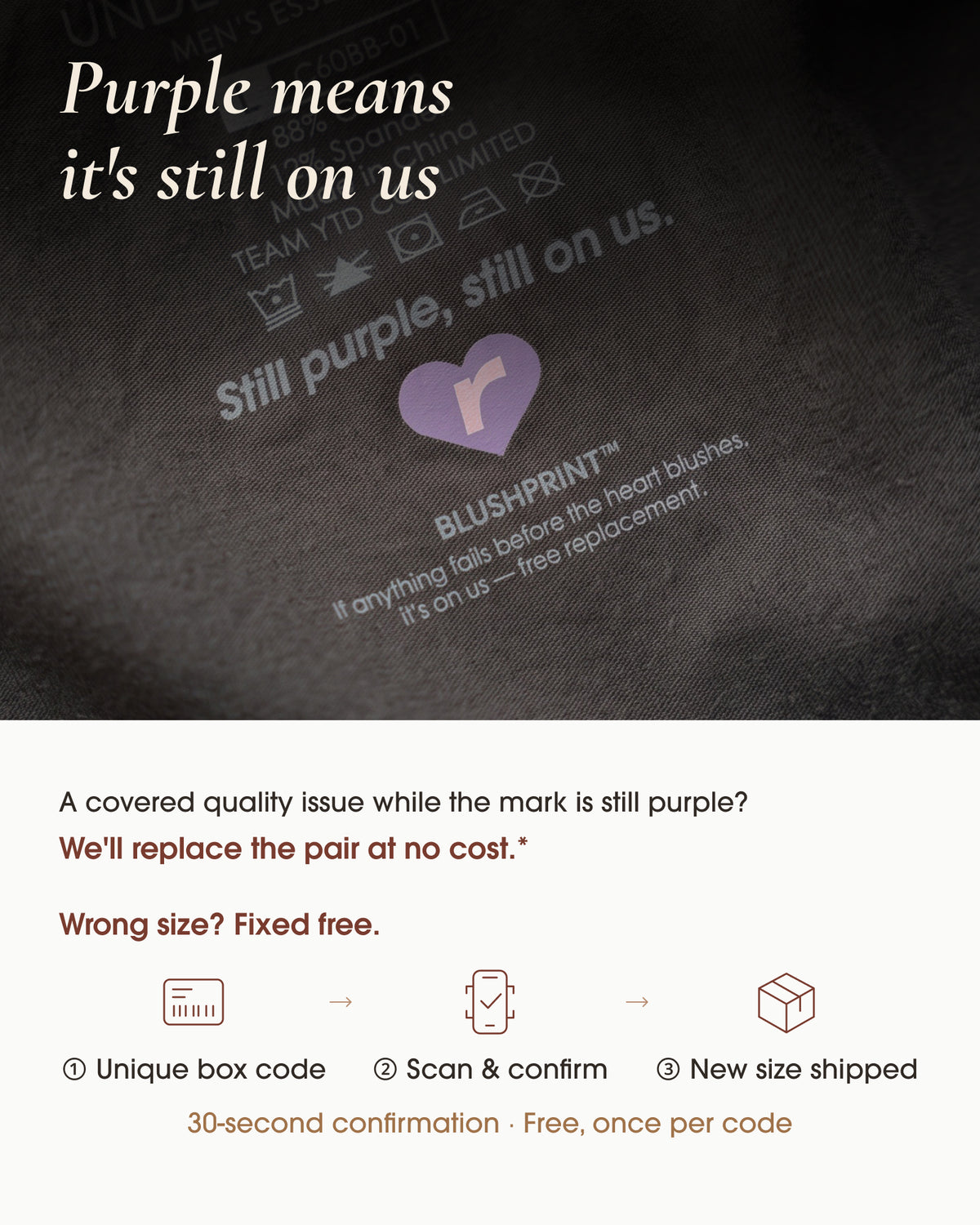 BLUSHPRINT purple heart inside underherwear cotton boxer briefs, with printed quality replacement and size exchange information.