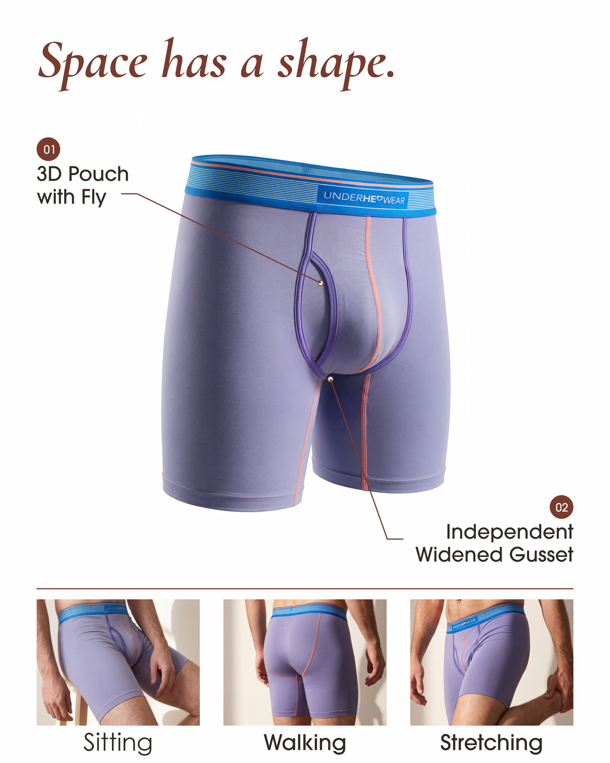 Lavender underherwear boxer briefs with a contoured pouch, fly and widened gusset, plus three fit views.