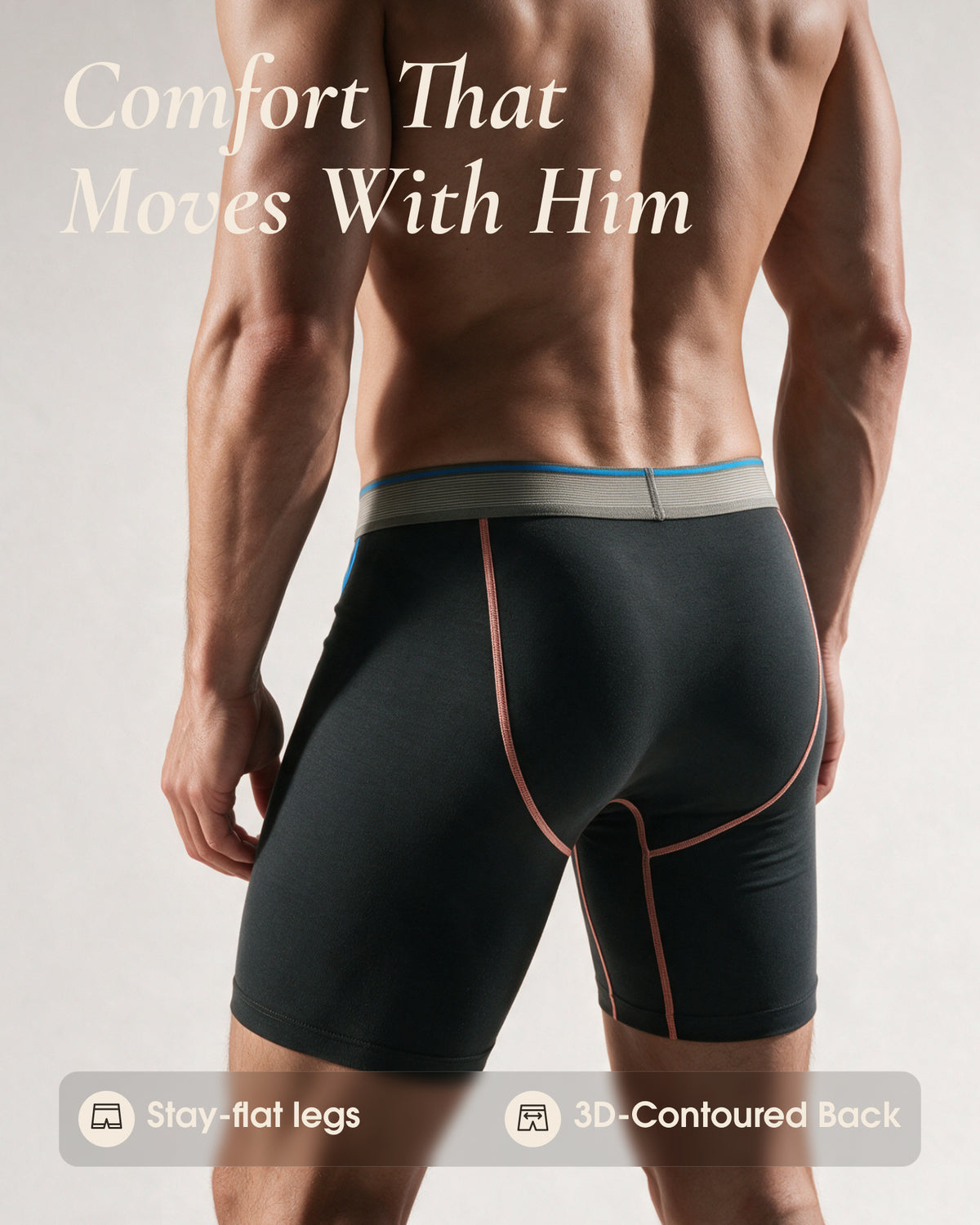 Rear view of dark underherwear boxer briefs showing shaped back seams, a wide waistband and fitted leg hems.