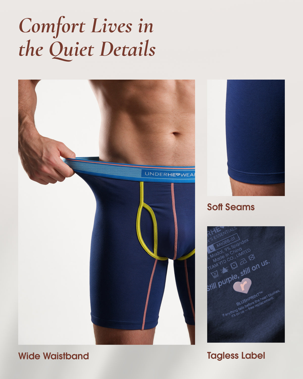 Navy underherwear boxer briefs showing the wide waistband, stitched leg hem and printed inner label.