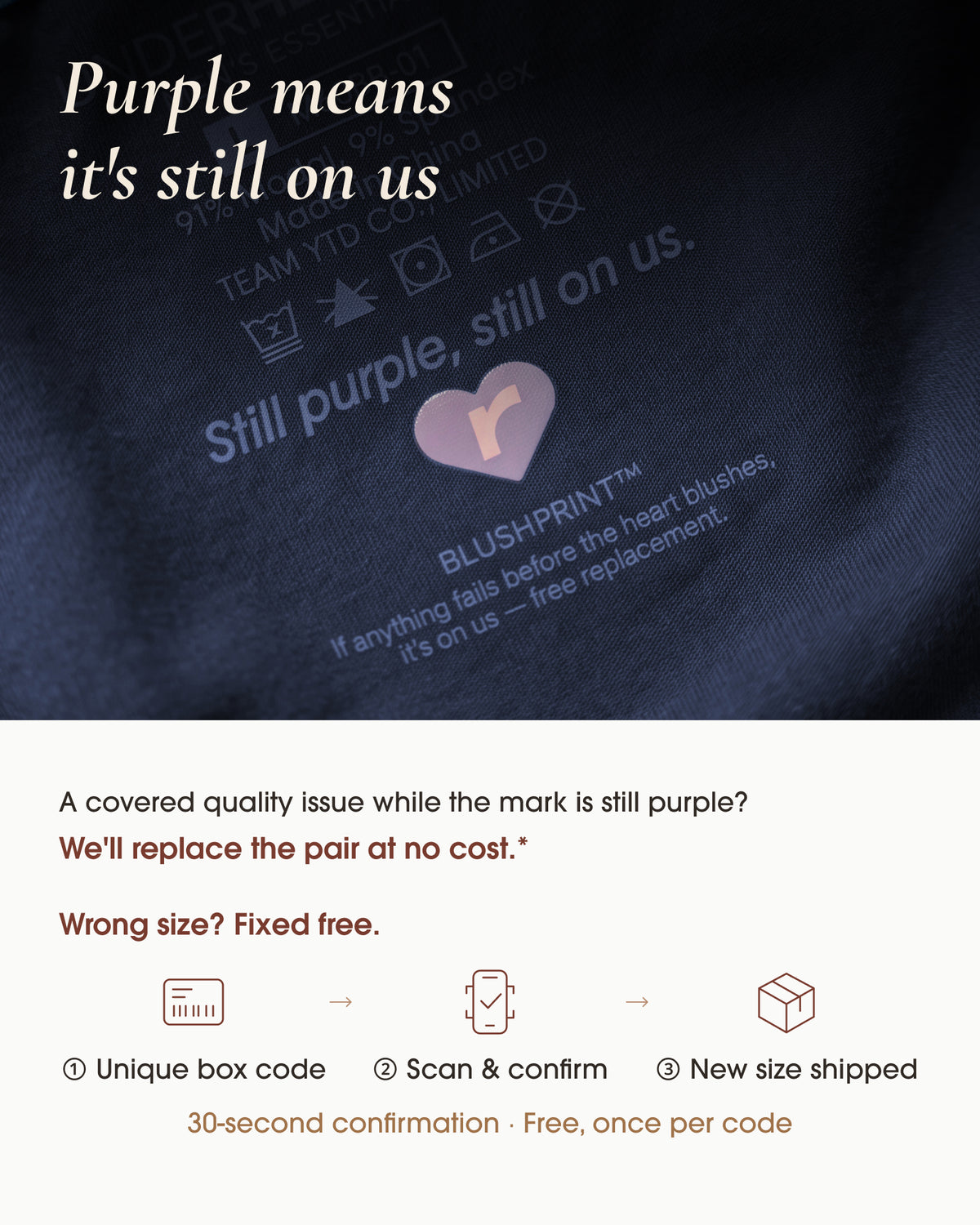 Purple heart mark printed inside underherwear boxer briefs, with quality and size-support instructions.