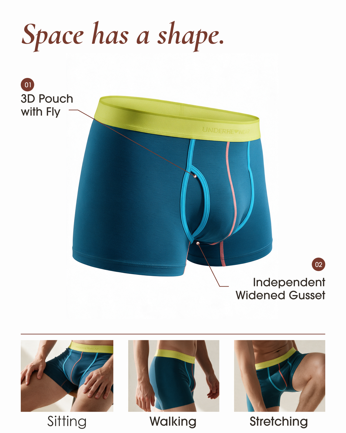 Blue underherwear trunks with a yellow waistband, showing a 3D pouch with fly, widened gusset and three fit views.