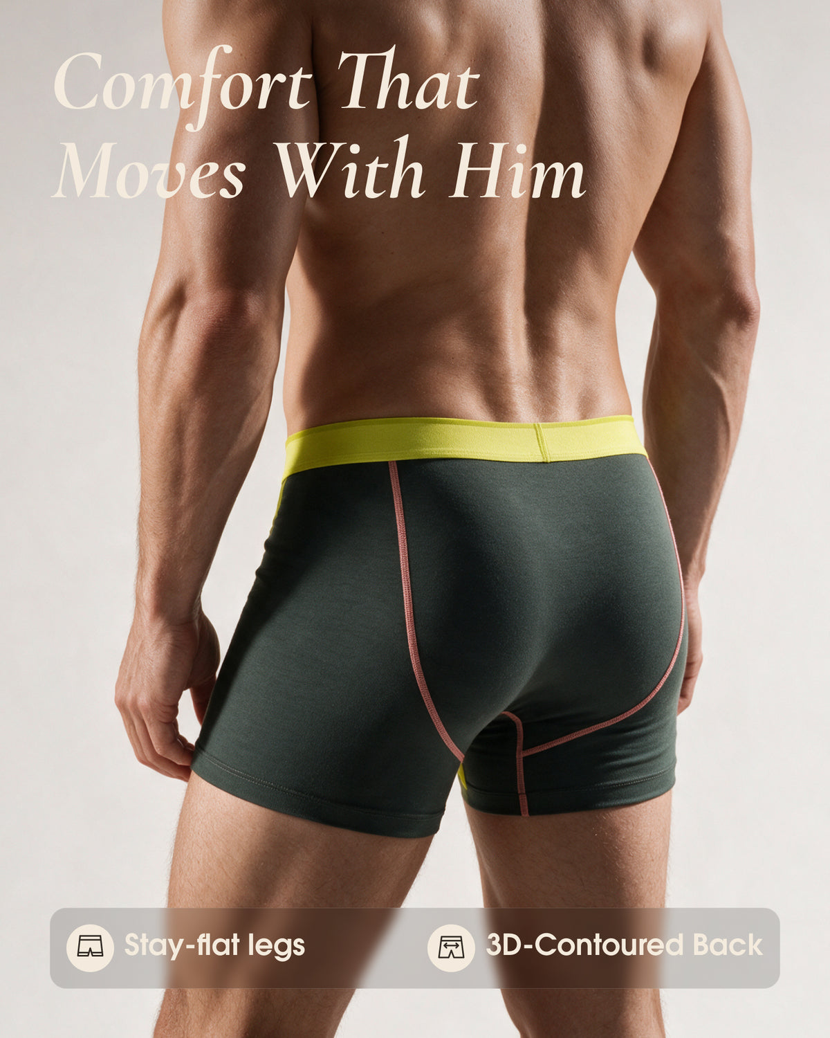 Rear view of dark green underherwear trunks with a yellow waistband, contrast back seams and short leg hems.