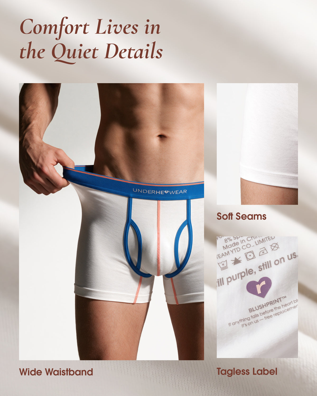 White underherwear trunks with a blue waistband, beside close-ups of a stitched leg hem and printed care label.