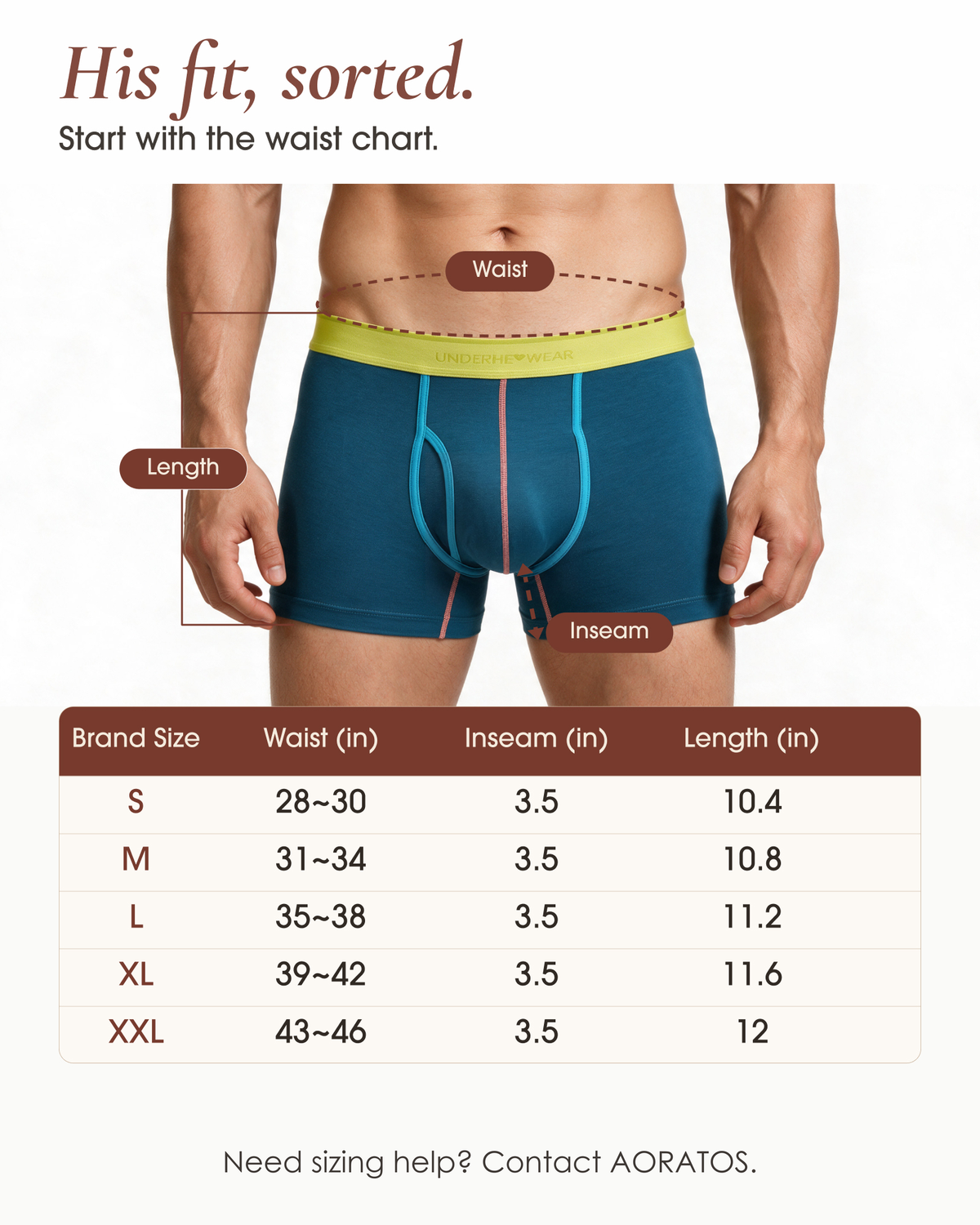 Size chart for underherwear rayon-from-bamboo trunks, with S–XXL waist sizes, a 3.5-inch inseam and garment lengths.