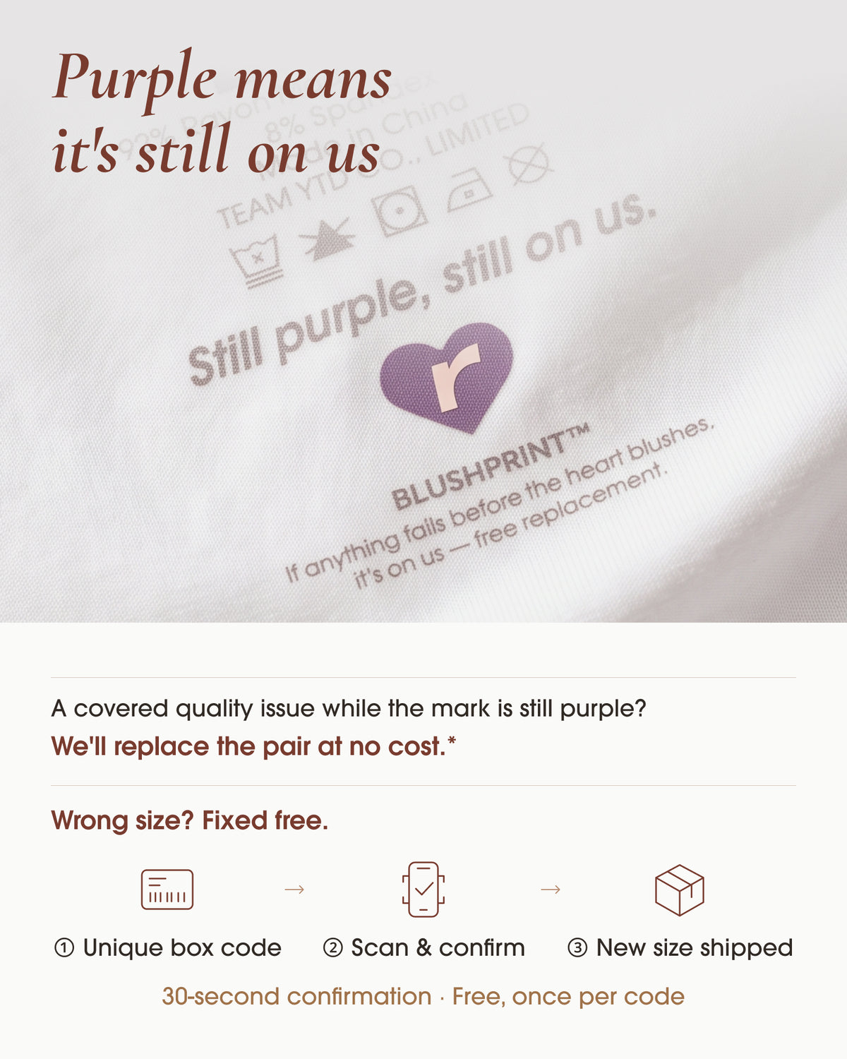 BLUSHPRINT purple heart printed inside underherwear trunks, with quality replacement and box-code size-exchange information.